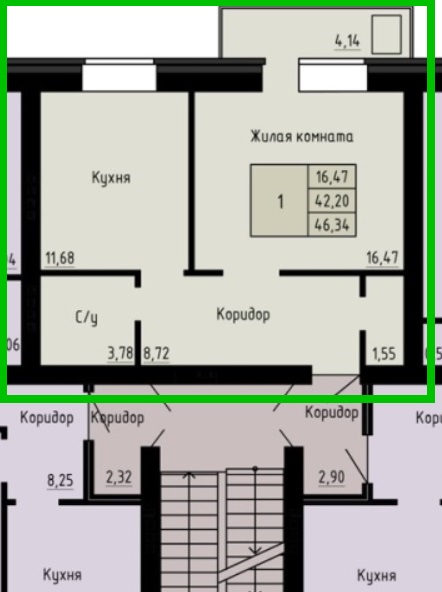 Планировка: 1к-квартира XL, 46,34 м²