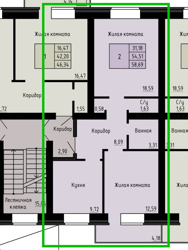 Планировка: 2к-квартира, 58,69 м²