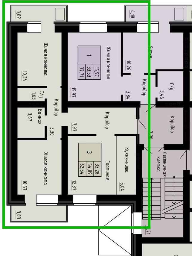 Планировка: 3к-квартира, 62,54 м²