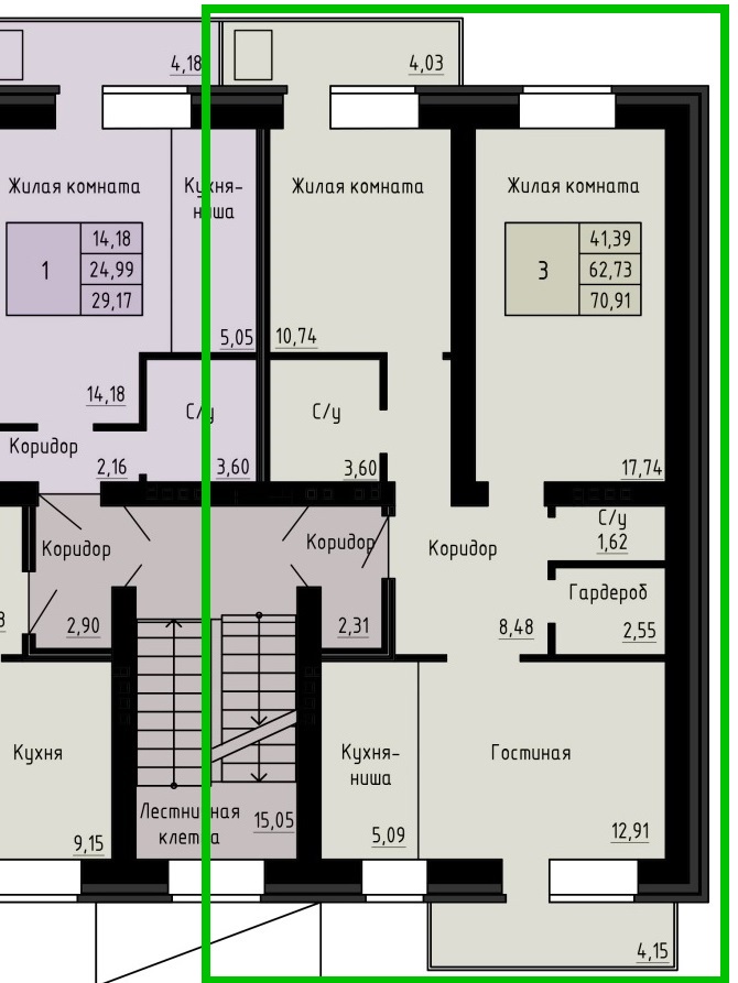 Планировка: 3к-квартира XL, 70,9 м²